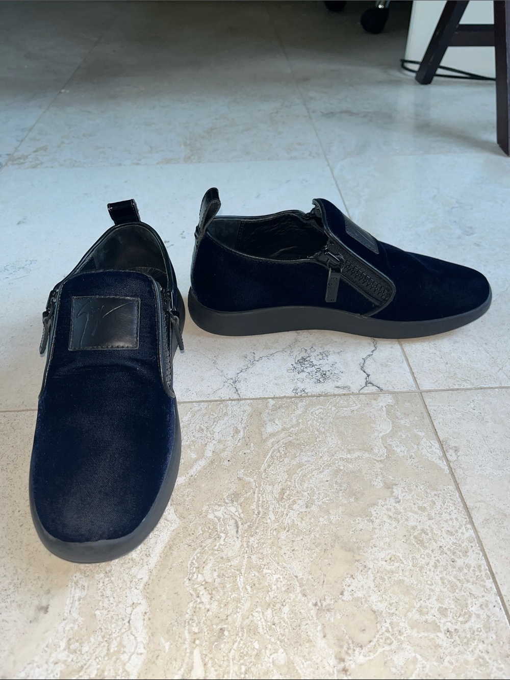 Giuseppe Zanotti Navy Velvet Conley Slip-On Zippered Flat Loafers Sz 38.5